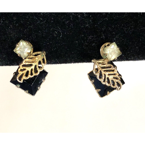 Vintage Jewelry - Vintage Filigree Leaf Earrings, Gold Tone Screwback Black Glass White Rhinestone